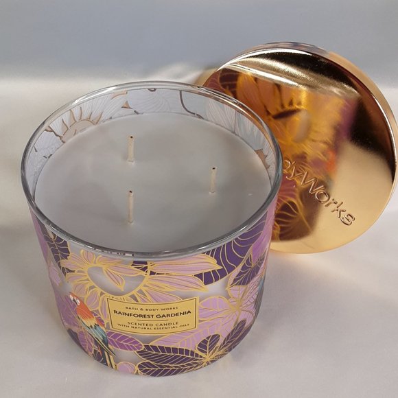 'BATH & BODY WORKS 'RAINFOREST GARDENIA' 3-WICK CANDLE TROPICAL EDITION - Picture 9 of 10
